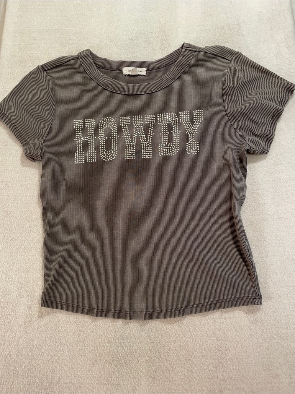Gray Ribbed 'HOWDY' Studded Crop Top